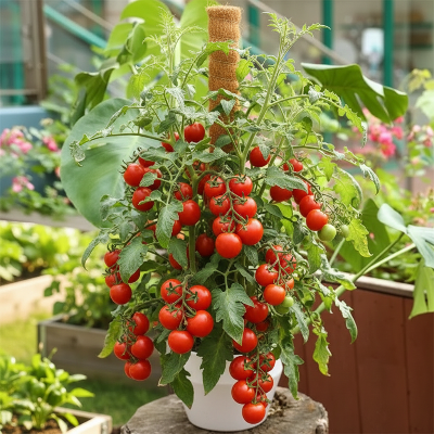 Tuteur plante avec tomates dans un potager