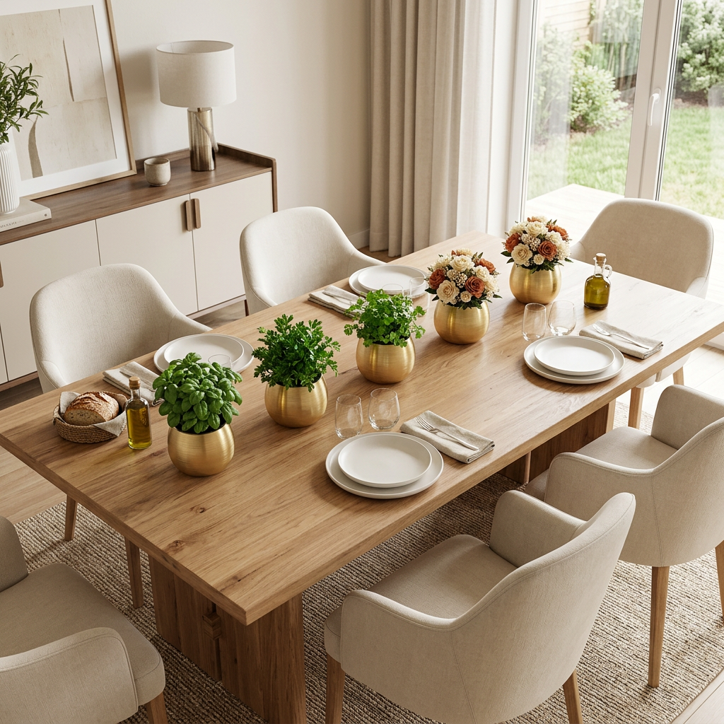 Cache-pots dorés avec fleurs et herbes aromatiques sur une table de salle à manger