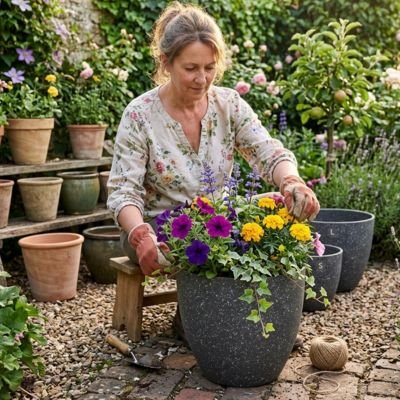 une femme avec le Pot de fleur dehors