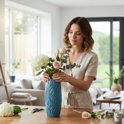 une femme met des fleurs dans un Vase Nordique