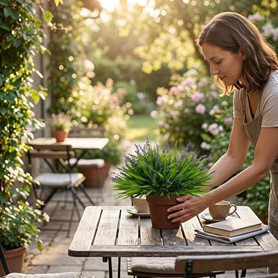 une femme met un pot avec des Plante artificielle sur la table de son jardin