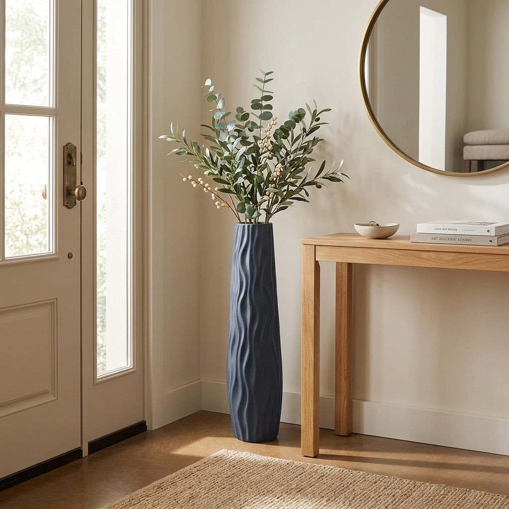 grand vase avec décoration végétale dans une entrée lumineuse