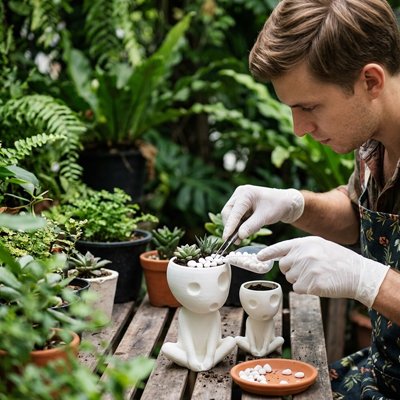 un homme décore le Pot de fleur avec des roches blanche