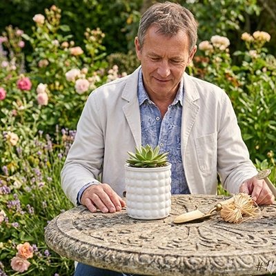 un homme décores sa table de jardin avec un mini Pot de fleur