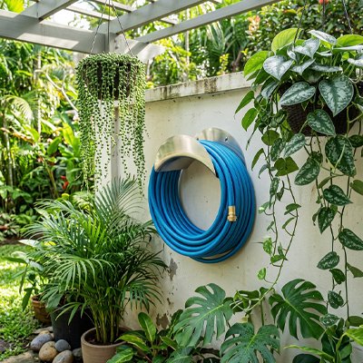 Support tuyau arrosage installe sur le mur dans le jardin