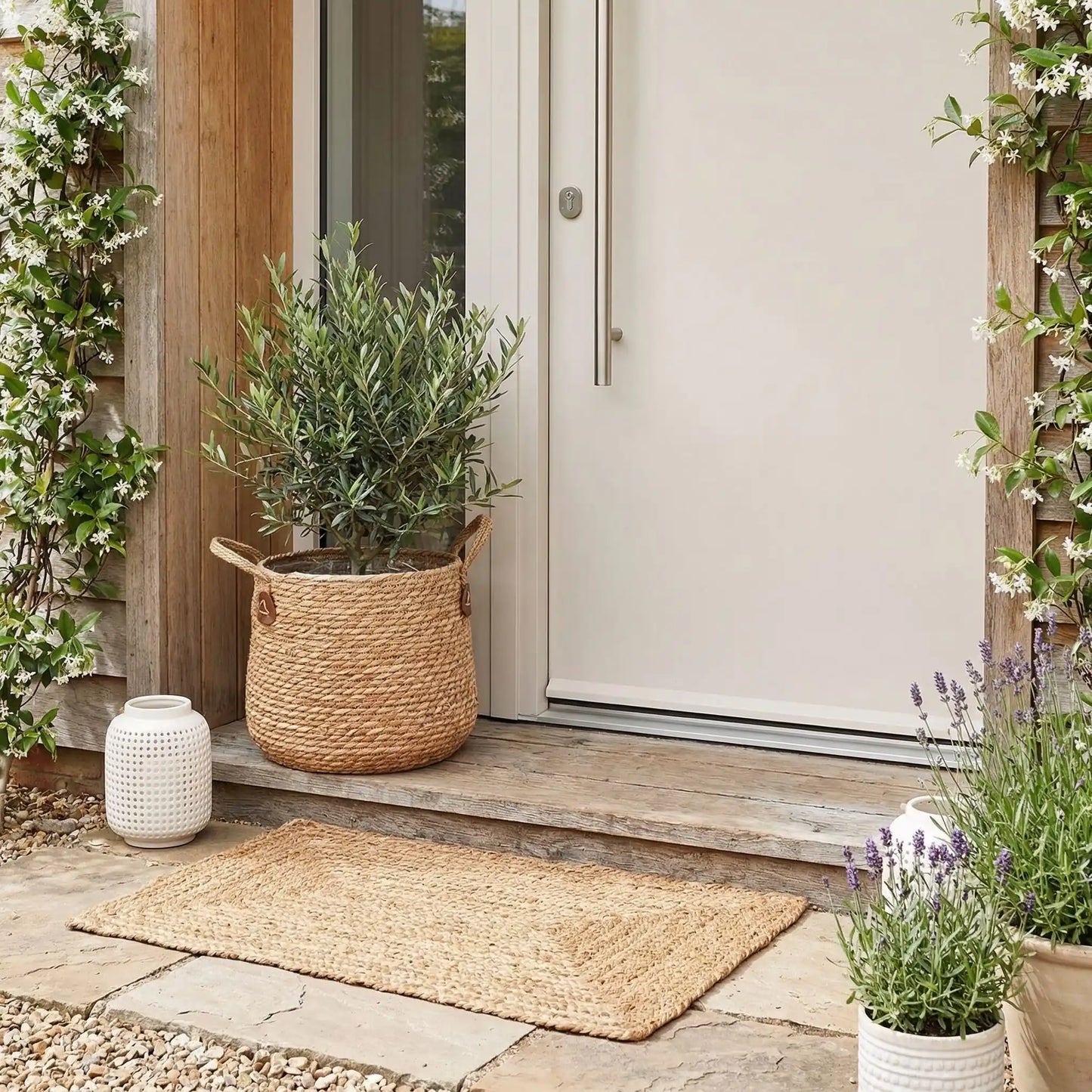 Cache Pot de fleurs en rotin dans l'entre de la maison