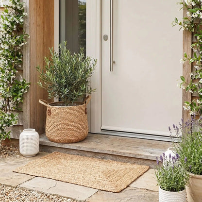 Cache Pot de fleurs en rotin dans l'entre de la maison