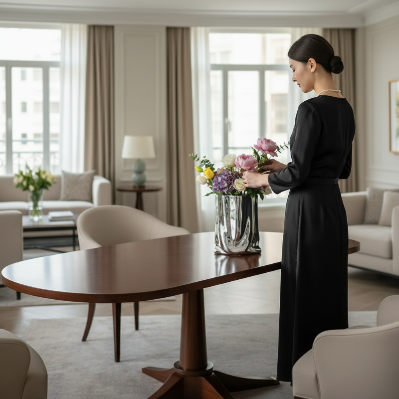 Femme arrangeant des fleurs dans un vase céramique argenté