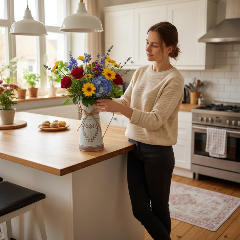 Femme arrangeant un vase pichet blanc vintage avec des fleurs dans une cuisine lumineuse