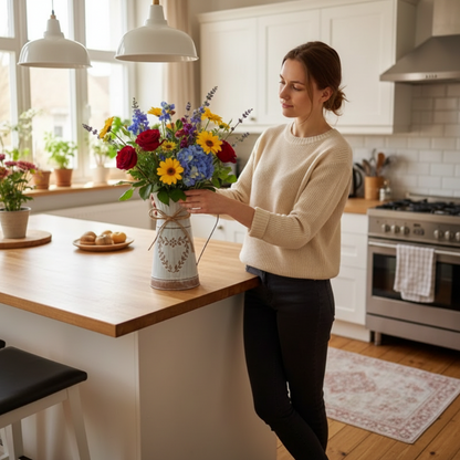 Femme arrangeant un vase pichet blanc vintage avec des fleurs dans une cuisine lumineuse