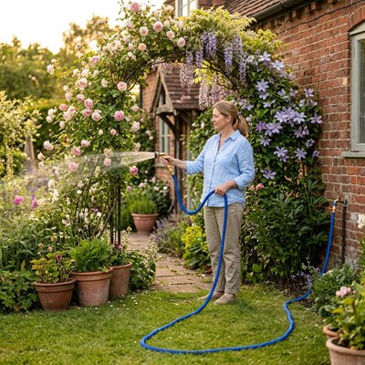 une femme qui arrose son jardin avec Tuyau d'arrosage extensible