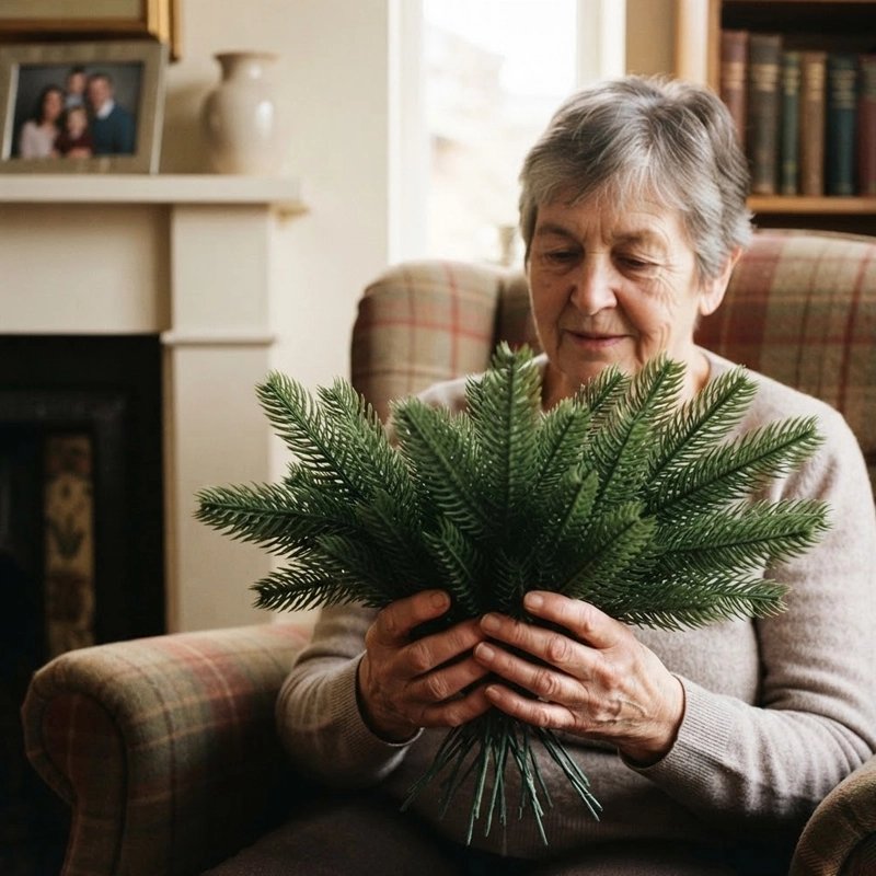 Une femme âgée est assise confortablement dans un fauteuil, tenant délicatement un bouquet de branches de sapin vert.