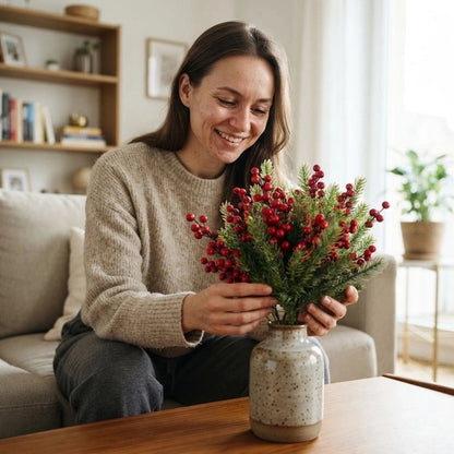 Une femme souriante est assise dans son salon, en train d'arranger un bouquet de branches de sapin et de baies rouges dans un vase posé sur une table basse.
