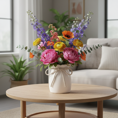 Vase blanc avec fleurs fraîches sur une table basse dans un salon moderne