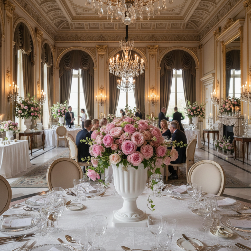 Vase blanc élégant avec bouquet de fleurs dans une salle de réception luxueuse