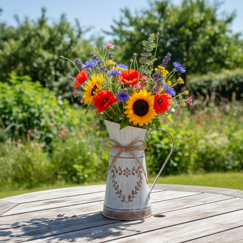 Vase pichet blanc vintage avec fleurs sur une table de jardin ensoleillée