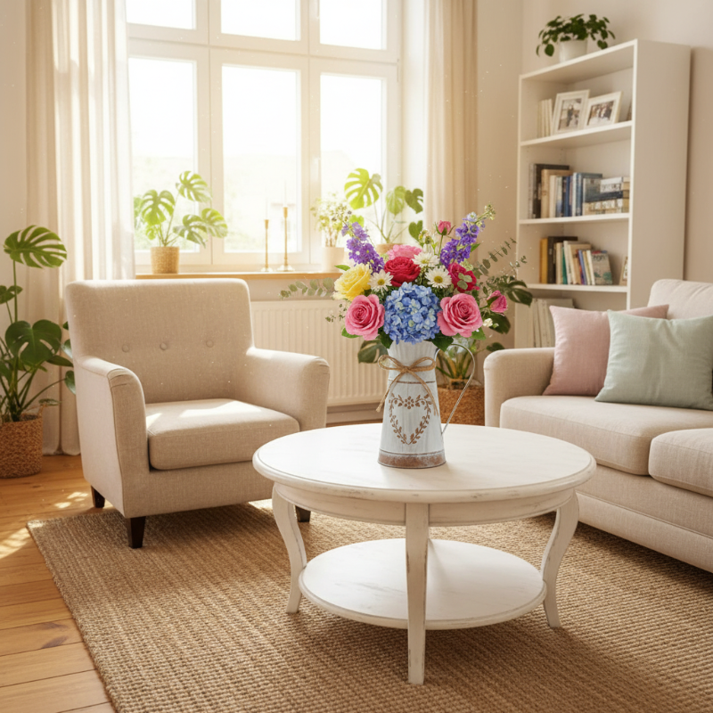 Vase pichet blanc vintage avec roses et fleurs dans un salon chaleureux