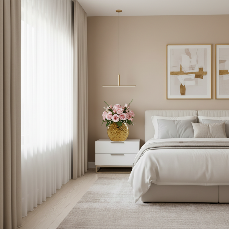 Vision générale d'une chambre moderne avec vase rond doré et fleurs roses