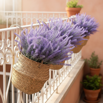 Balustrade balcon décorée avec paniers lavande