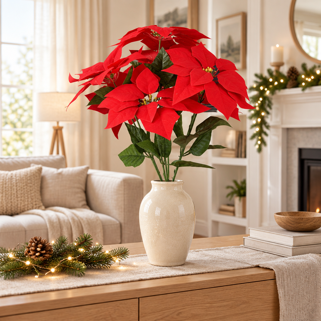 Bouquet de fleur poinsettias rouge dans un intérieur chaleureux