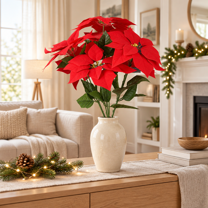Bouquet de fleur poinsettias rouge dans un intérieur chaleureux