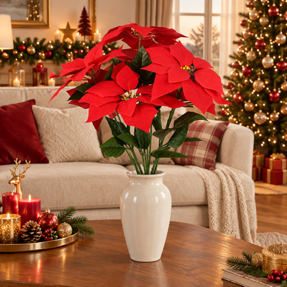 Bouquet rouge dans un salon décoré pour Noël