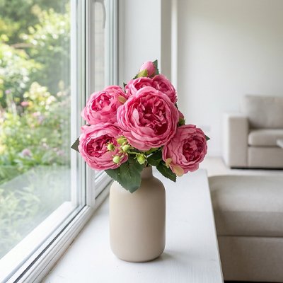 Bouquet de fleurs artificielles rose dans un vase aux rebords de fenêtre dans le salon