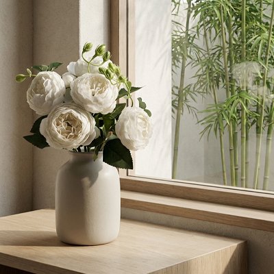 Bouquet de fleurs artificielles rose sur la table à côte de la fenêtre