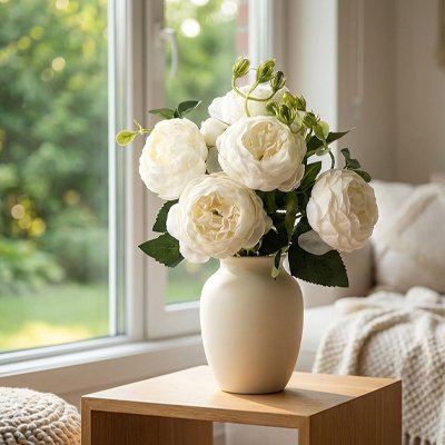 Bouquet de fleurs artificielles rose sur une table aux salon
