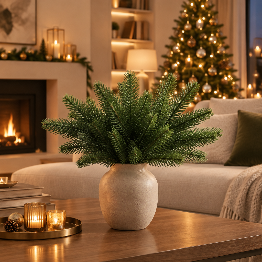 Branches de sapin dans un salon moderne décoré pour Noël