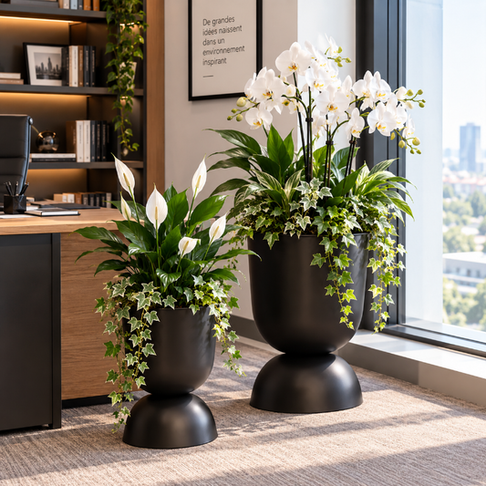 cache pot avec des fleurs dans un bureau devant la fenêtre 