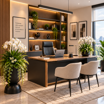 cache potqdans un bureau avec des fleurs et plantes dedans