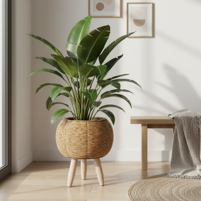 Cache pot dans une entrée avec un plante dedans