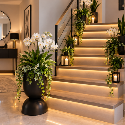 cache pot dans les escalier de la maison avec des fleurs