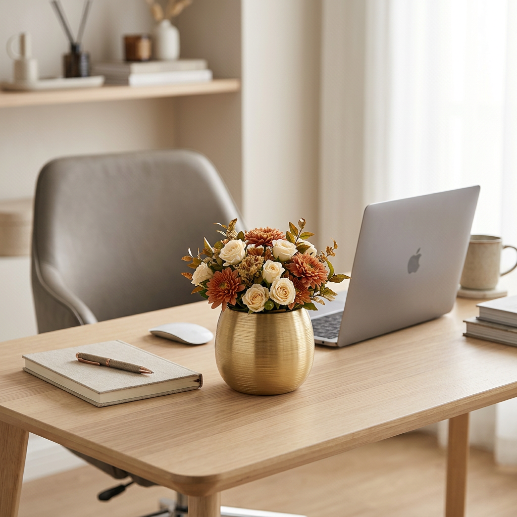 Cache-pot doré décorant un bureau chic et moderne