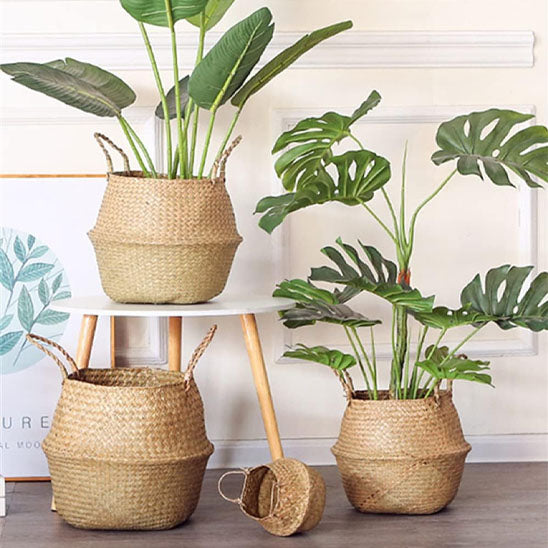 cache pot en osier sur la table