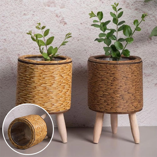 cache pot en rotin tisse en forme cylindre