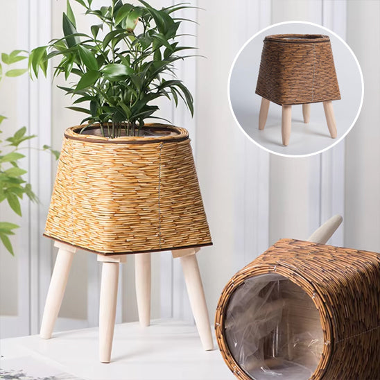 cache pot en rotin tisse en forme pentagone