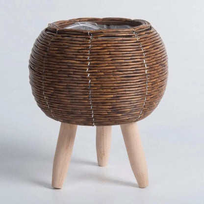 cache pot rotin tisse rond fonce