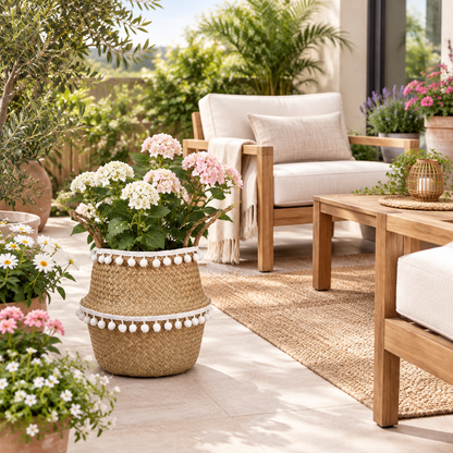 Cache-pot sur une terrasse aménagée avec plusieurs plantes et fleurs