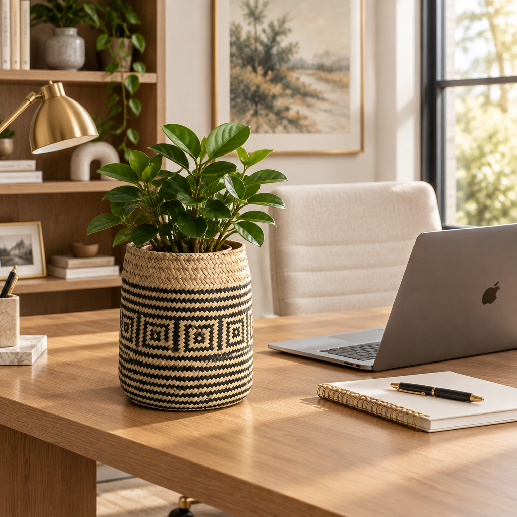 Cache-pot tressé avec une plante dans un bureau élégant