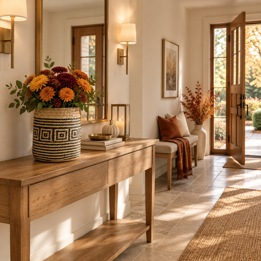 Cache-pot tressé avec des fleurs d’automne dans une entrée de maison élégante