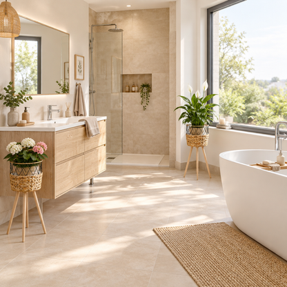 Cache-pots avec fleurs et plante verte dans une salle de bain moderne