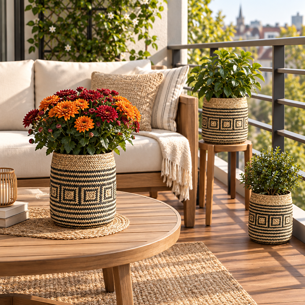 Cache-pots avec fleurs, plante verte et petit arbuste sur un balcon aménagé