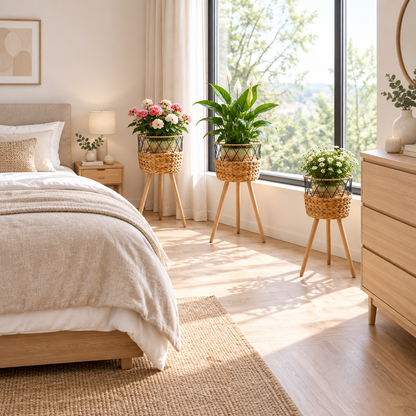 Cache-pots avec fleurs et plantes dans une chambre à coucher moderne
