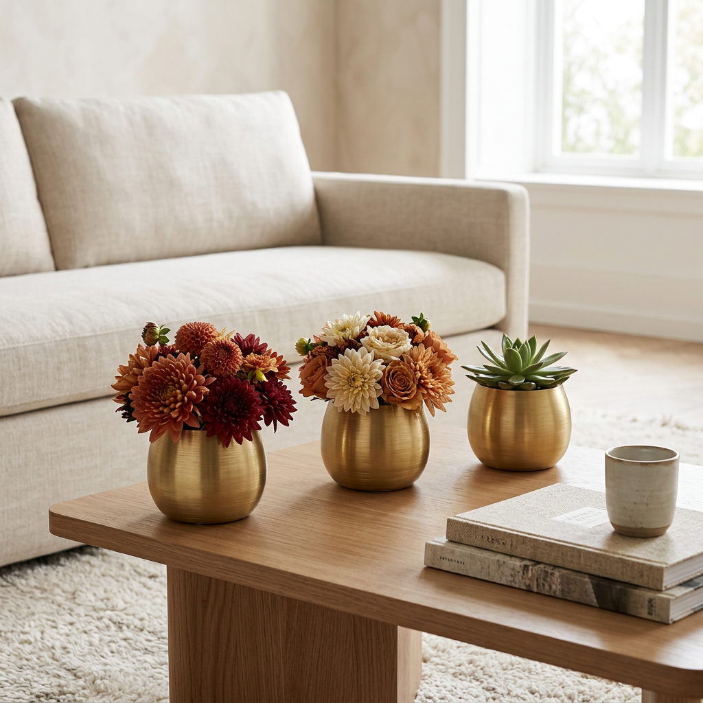 Cache-pots dorés avec fleurs d’automne et plante dans un salon moderne