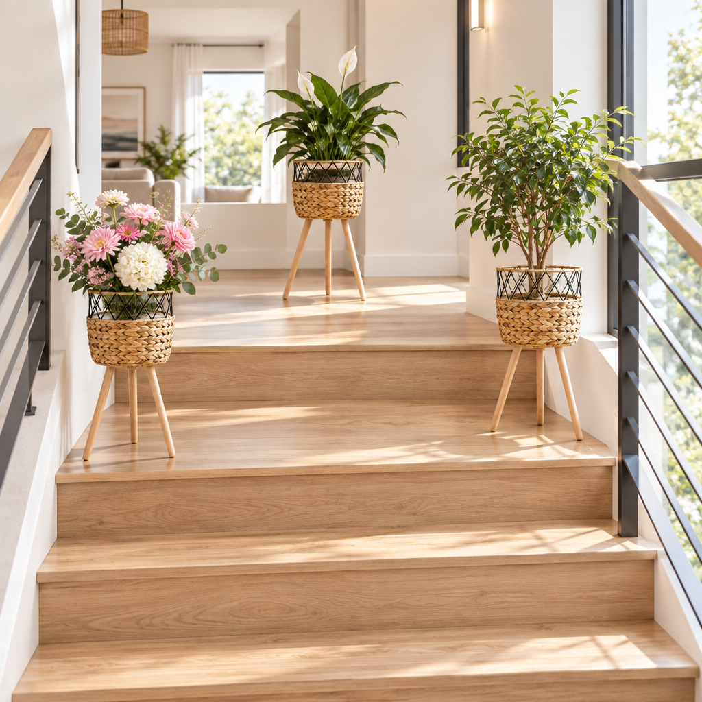 Cache-pots fleuris et végétalisés dans un escalier moderne