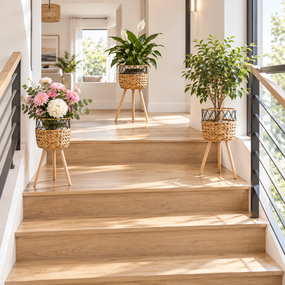 Cache-pots fleuris et végétalisés dans un escalier moderne