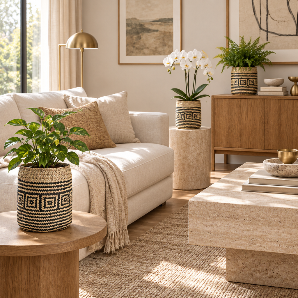 Cache-pots tressés dans un salon chic et élégant