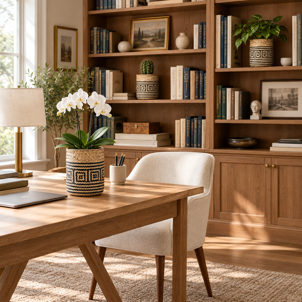 Cache-pots tressés décorant un bureau avec bibliothèque, avec des fleurs, cactus et plante verte dedans